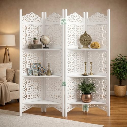Image of Wooden Room Divider 6 Feet, 4-Panel Folding Wooden Partition for Living Room, Office, Pooja Room, Restaurant, Kitchen & Balcony (2W x 1.82H Meters). (Milky White Shelves)