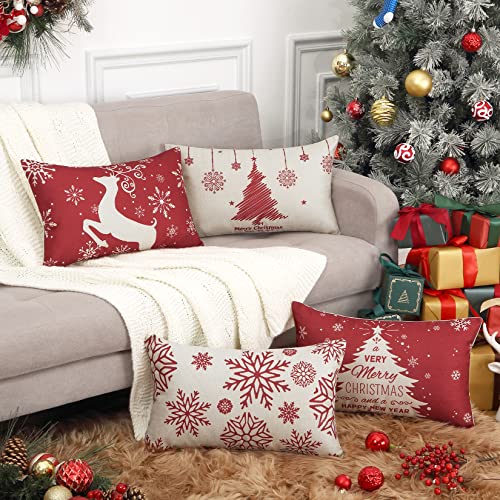 LuxFocus Lot de 4 housses de coussin décoratives de style rustique avec motif cerf et sapin de Noël - 30,5 x 50,8 cm, rouge Cover