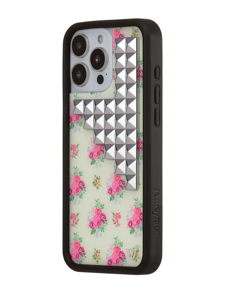 Image of Wildflower Cases - Compatible with iPhone 16 Pro Max | Protective Black Bumper, 4ft Drop Test Certified, Women Owned Small Business | Trendy Original Silver | Stud Pyramid Collection - Vintage Floral