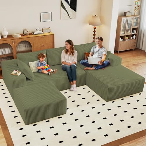 Image of 96 inch U-Shape Cloud Couch, Modern Modular Sectional L-Shape Sofa with Ottoman, Corduroy Upholstered Couches Deep Seat Sleeper Chaise Longue for Living Room, No Assembly Required(Green, Right Facing)