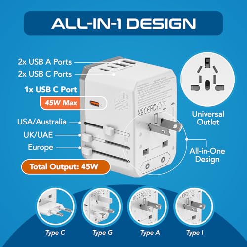 Image of Ceptics 6-in-1 Universal Travel Adapter with 2X USB-A and 3X USB-C, 45W for Global Use, Compatible with US, EU, UK & More, White