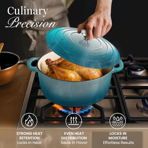 Image of Cast Iron Dutch Oven with Lid-Non-Stick Ovenproof Enamelled Casserole Pot - Sturdy Dutch Oven Cookware-Teal, 7.3- Quart, 30cm- by Nuovva