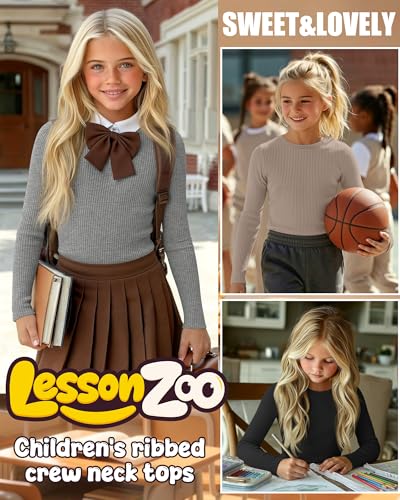 Image of 4 Pack Girls Long Sleeve Shirts Ribbed Knit Cotton Crewneck Tops Slim Fit Soft Casual Kids Base Layer Undershirts
