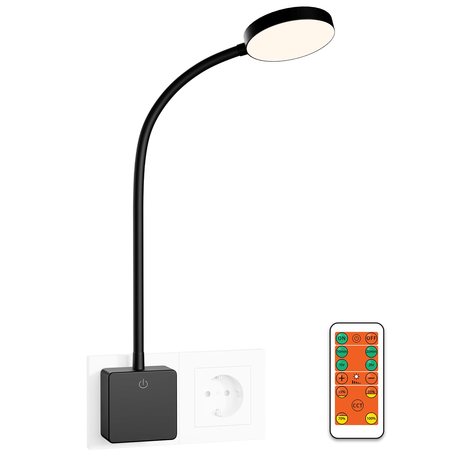 ENUOTEK LED Wandlampe Steckdose Schlafzimmer Lampe Leselampe Bett Nachttischlampe Dimmbar mit Stecker und Fernbedienung, 4W 280Lm 3000K-4000K-5000K, 1er Lampe und 1er Fernbedienung (Schwarz)