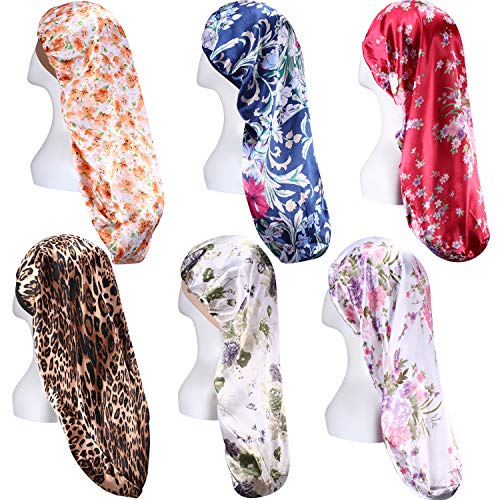 6 Pieces Satin Sleep Cap for Long Hair Long Bonnet Night Sleeping Caps with Soft Elastic Band Loose Cap Bonnets for Women Dreadlocks Curly Hair (6 Multiple Colors)