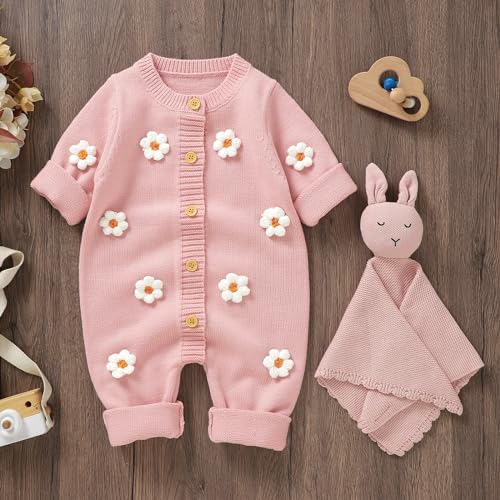 Newborn Baby Girl Boy Fall Clothes Flower Ribbed Long Sleeve Romper Sweater Jumpsuit Infant Coming Home Outfit3