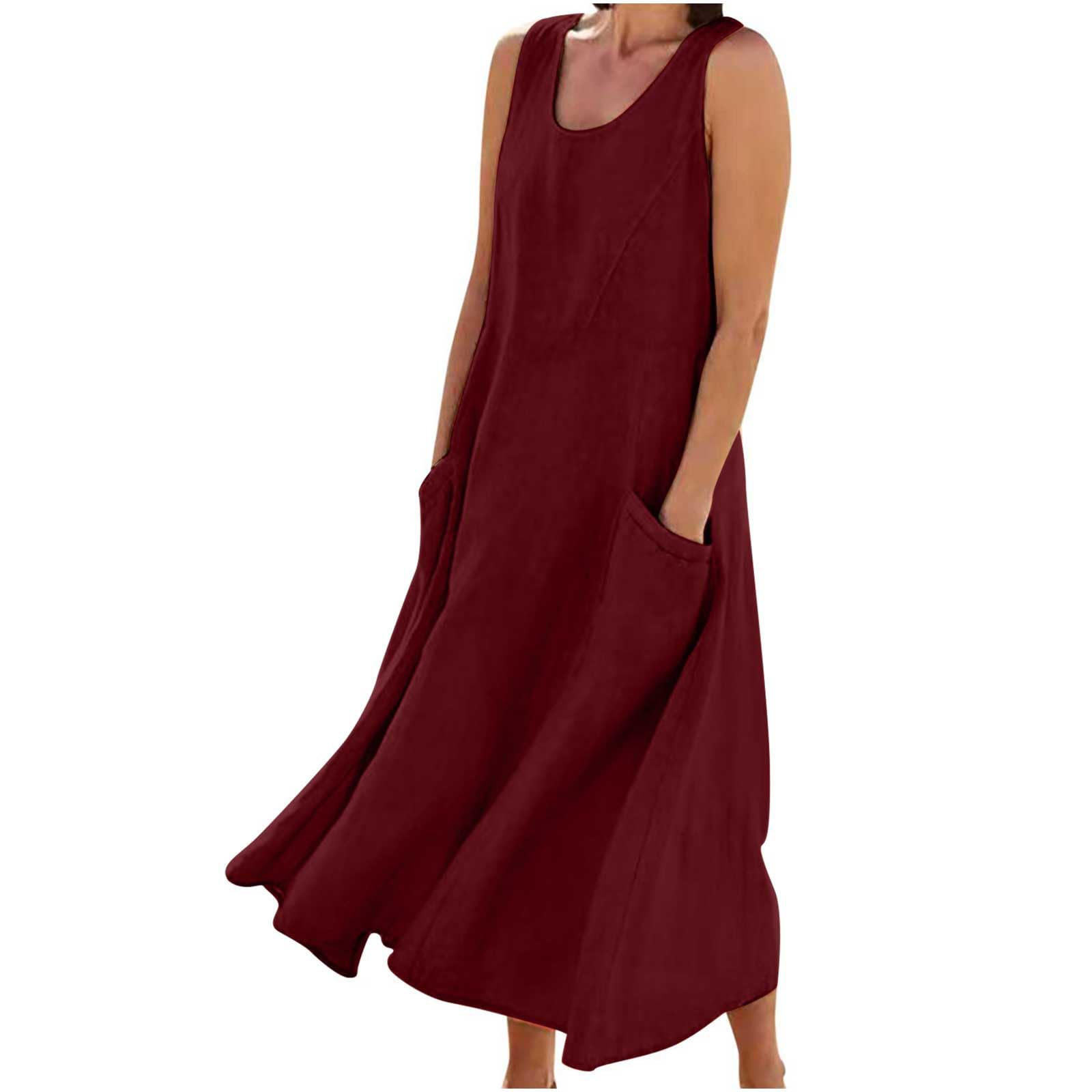 Women's Summer Linen Long Dress Casual Sleeveless Elegant Flowy Tank Dresses Plus Size Loose Sundress with Pockets(Wine,Medium)