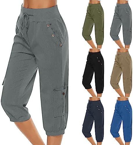 Sukilimiy Womens Capri Pants for Summer Drawstring Cargo Pants Elastic Waist Casual Capri Joggers Loose Straight Trousers Pants with Pocket Plus Size High Waist Baggy Wide Leg Cropped Pants A-Black