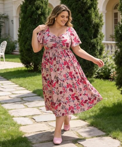 Image of CARCOS Plus Size Dresses for Curvy Women Tie Sweetheart Neck Summer Maxi Dress Short Sleeve Empire Waist Floral Boho Dress