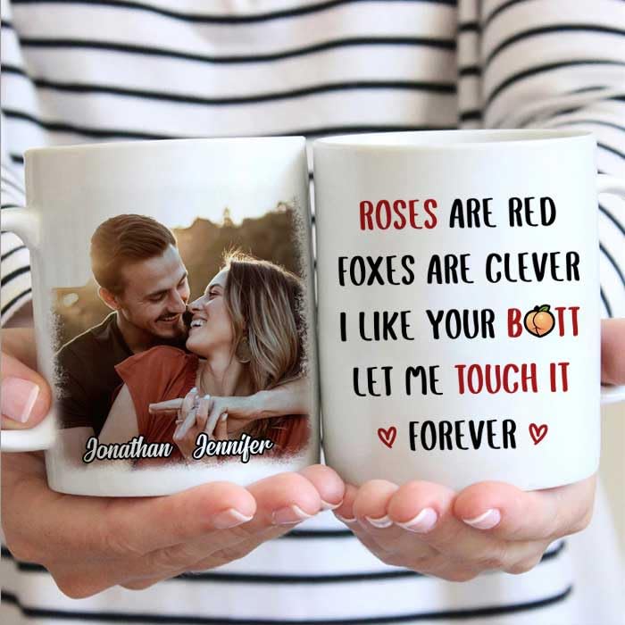 Roses Are Red Foxes Are Clever Mug, Personalized Photo Couple Coffee Mug with Names, Funny Romantic Gift for Him and Her, Valentine Anniversary Wedding Engagement Keepsake