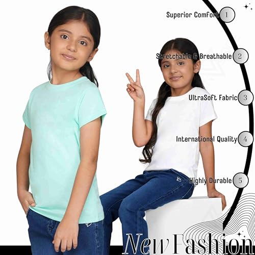 Image of Kids Round Neck T-Shirt Half Sleeves 100% Cotton Rich Soft Comfortable Fit Stylish Plain Color 1+1 Combo Original Brand Tshirt for Girls