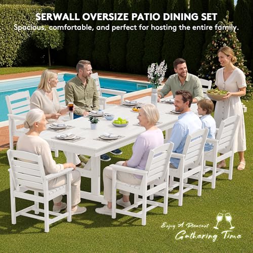 Image of SERWALL Outdoor 84 inch HDPE Dining Table with Umbrella Hole for 6-8, White | 9-piece HDPE 84 inch dining table, Ideal for Outdoor Gathering