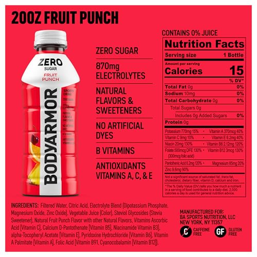 Image of BODYARMOR ZERO Sugar Fruit Punch, Sugar Free Sports Drink - Low-Calorie Hydration - Natural Flavors with Potassium Packed Electrolytes, Antioxidants, and B-vitamins, 20 fl oz (pack of 6)