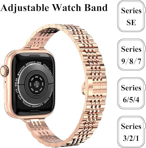 Image of Slim Metal Band Compatible with Apple Watch Straps 49mm 46mm 45mm 44mm 42mm, Stainless Steel Chain Strap for Women iWatch Strap Series 10 9 8 7 6 5 4 SE Ultra 2 1 [WATCH NOT INCLUDED]