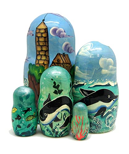 “Lighthouses” Large 5-Nest Doll Russian Matryoshka Wooden Stacking Nested Dolls Wooden Handmade Toys Gift for Children Christmas Mother’s Day Birthday Home Decor Wishing Gift 1300810