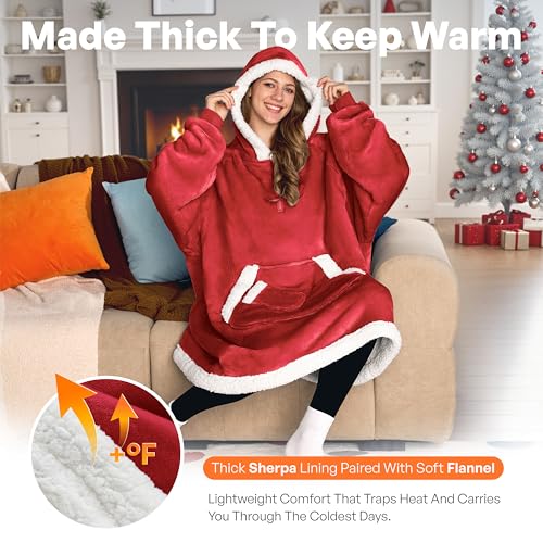 Image of Giggling Getup Wearable Blanket Hoodie for Women Men Gifts for Women Mom Wife Sherpa Fleece Hooded Blanket Sweatshirt Warm Cozy Sherpa Wearable Throw with Giant Pocket & Sleeves for Adult Standard Red