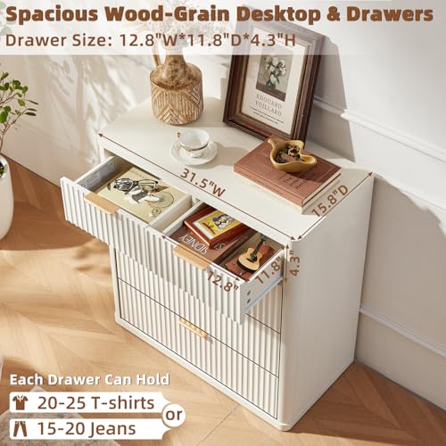 Image of LEYAOYAO Fluted 5 Drawers Dresser for Bedroom Set of 2, 34 inch Tall Modern Chest of Drawers with Metal Handle, Curved Profile Design,White Wood Drawer Organizer for Bedroom, Living Room, Hallway