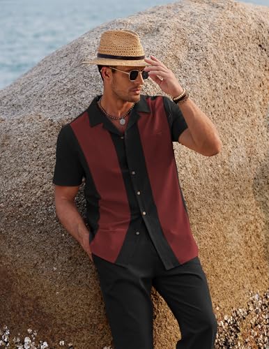 Image of COOFANDY Men 2 Piece Linen Outfit Beach Button Down Shirt Casual Loose Pant Sets