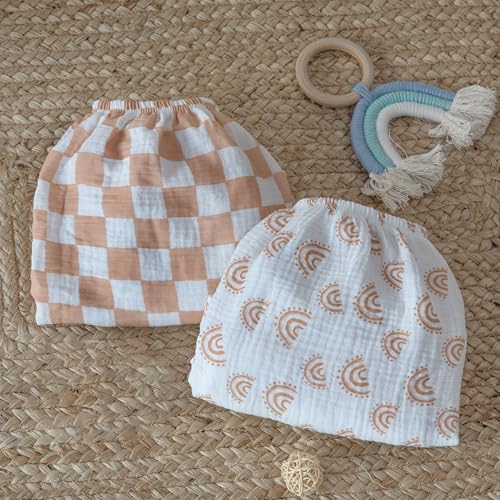 Image of Muslin Bassinet Fitted Sheets 2 Pack, Soft Breathable Cotton Baby Bassinet Mattress Sheet Set, 360 Elastic Snug Fit, Universal for Oval, Rectangle (Lattice Rainbow, Bassinet Sheets 2 Pack)