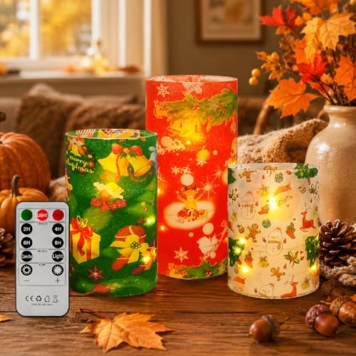 Image of Floral Flameless Candles with String Lights - 3pcs Battery Operated Candle Flickering Christmas LED Pillar Candles with Timer Remote for Home Decor Romantic Ambiance,CH