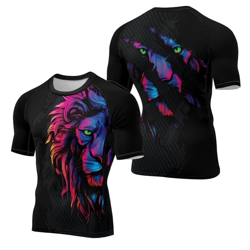 Lion Men's Short Sleeve Compression Shirt Baselayer Skin Performance Fit Rash Guard for MMA BJJ Jiu Jitsu No Gi