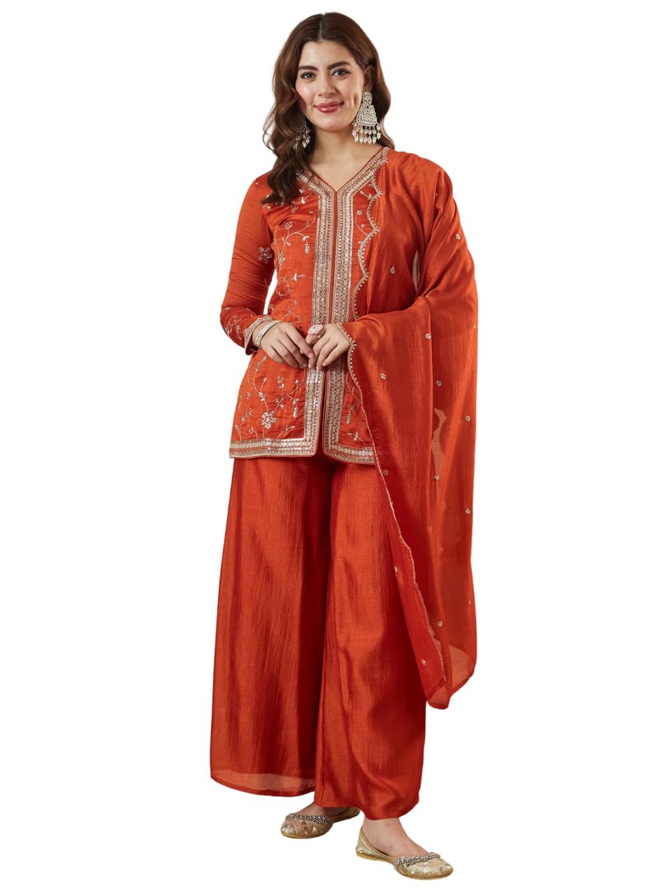 Women’s Embroidered Kurta Palazzo Set with Dupatta | V-Neck Kurta with Wide Leg Pants-image-28