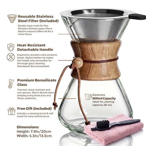 Image of AGOGO Pour Over Coffee Maker Set, 28oz Slim Style, 304 Stainless Filter | Barista kit for home kitchen, Cafe, Camping & Office; 20oz-40oz Classic, Slim, Diamond styles; Includes brush & towel.
