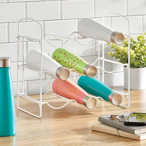 Image of Metal Water Bottle Rack Storage Organizer for Kitchen Countertops, Pantry, Fridge - Stores Wine, Beer, Pop /Soda - 3 Levels, Each Holds 9 Bottles, Free-Standing (White)
