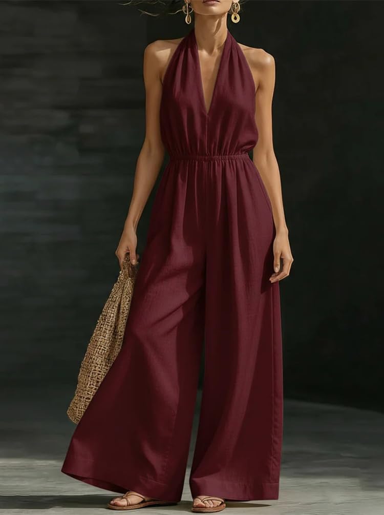 Monopezzi e Tutine da Donna Lunga Elegante Tuta Intera senza Maniche Scollo V senza Schienale Salopette Jumpsuit Pantaloni Vita Alta
