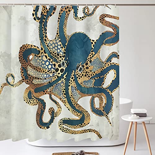 Tititex Colorful Vintage Blue Brown Octupus Shower Curtain Sets, Novelty Sea Monster Nautical Theme Bathroom Decoration 70X70 Inch With Hooks #TOP1