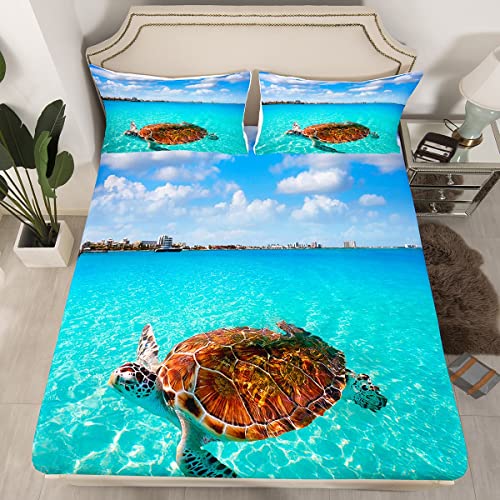 Sea Turtle Bedding Set Marine Life Printed Sheet Set Teal Sea Hawaiian Turtle Pattern Fitted Sheet, Boys Teens Girls Tortoise Fitted Bed Sheets Ocean Beach Theme Fitted Sheet Deep Pockets, Queen