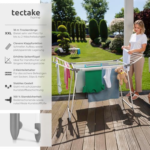 tectake® Wäscheständer XXL standfest, klappbar, 18 m Trockenlänge auf 25 Stangen, Wäschetrockner Ständer mit 2 Kleinteilehaltern, Flügel Wäscheständer mit erhöhten Seitenteilen für Lange Teile - weiß - Image 3