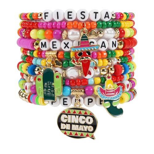 Lonext Cinco de Mayo Beaded Bracelet Stackable Mexican Fiesta Stretch Bracelet Holiday Sombrero Chili Pepper Pinata Festive Charm Bracelets