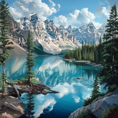 Image of 14ct Cross Stitch Printed Stamped Kits for Beginners Adults Mountain Trees Lake Counted Cross Stitch Pattern Needlepoint kit (Mountain 6)