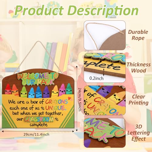 Image of HPNIUB Colorful Crayon Welcome Door Sign Decor(11.4 inchX9.5 inch) Inspirational Quote Welcome To Our Pack Wall Art, Multicolor Cartoon Back To School Positive Wooden Plaque for Classroom Nursery