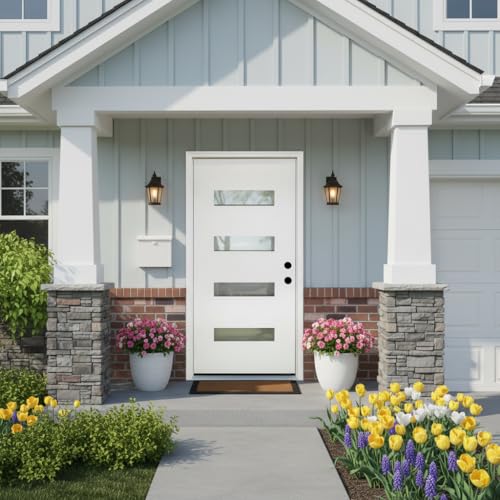 Image of Casaphoria 36 inch x 80 inch Fiberglass Entry Door with 4-9 /16 inch Vinyl Frame,Right Hand Inswing Exterior Door with Brickmould,Contemporary Wooden Grain Knock-Down Front Door for Home Entrance, White