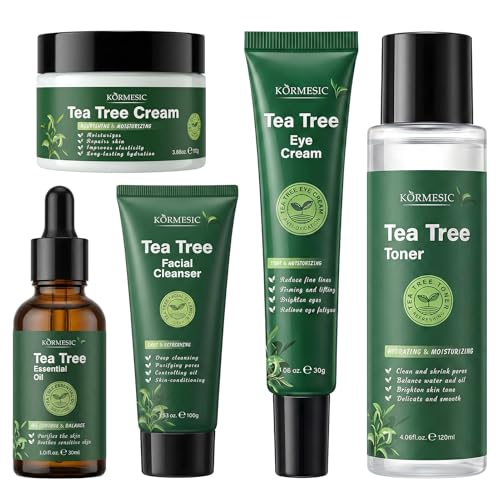 5 Piezas Árbol de Té Set de Cuidado de la Piel, Anti Acne Treatment, con Limpiador, Aceites Esenciales, Crema, Limpieza y Cuidado Facial, Reduce el Acné y Mejora los Poros