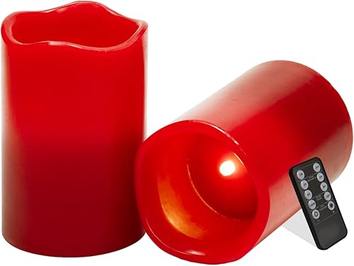 Vela sin llama, color rojo, 2 velas LED (4 x 6 pulgadas), hechas de cera real, vela parpadeante, con control remoto de 10 teclas