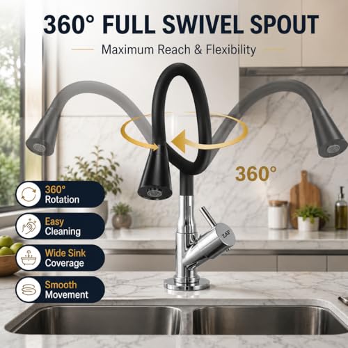 Image of ZAP Pluto Flexible Kitchen Sink Tap | Brass Body | 360 Swivel Swan Neck Faucet | Dual Flow Spray & Stream Modes | Flexible Silicone Spout | Chrome Finish | Cold Water Tap