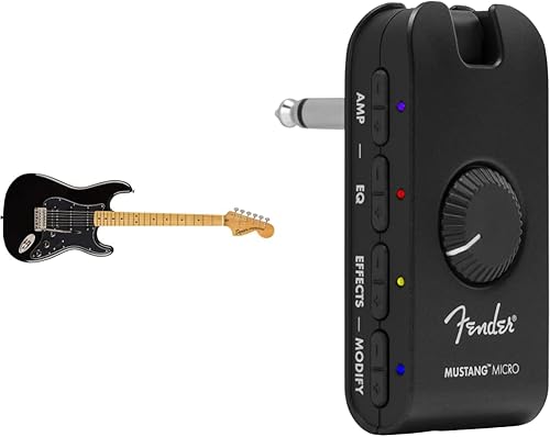 Squier by Fender Classic Vibe 70s Stratocaster - Guitarra eléctrica HSS - Arce amplificador de auriculares negro y Mustang Micro