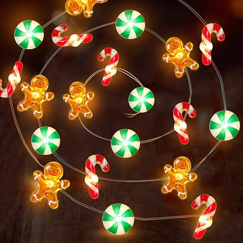 [Timer] 10 FT 30 LED Christmas String Lights Decorations Gingerbread Man Candy Cane Candy Fairy Lights Battery Operated Christmas Lights Holiday Xmas Gifts Christmas Decoration Indoor Tree Decor