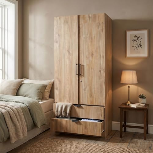 Image of FFO Keris 2 Door Wardrobe with 2 Drawers, Hanging Rod & Storage Shelves | Modern Clothes Almirah Cabinet with Lock & Black Handles for Home DIY.