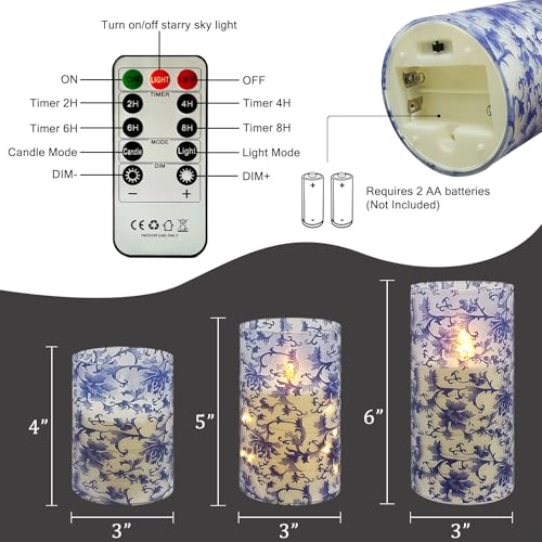 Image of Flickering Flameless Candles Blue and White Porcelain Print, Embedded Star String Lights, Battery Operated Acrylic LED Pillar Candles with 11-Key Remote and Timer for Home Decoration, 3 Pack