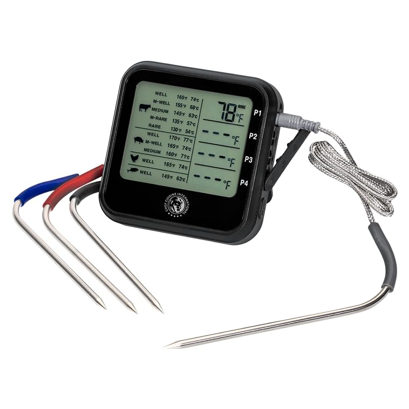 Chef Cuisine Grillthermometer mit 4 Temperaturfühlern – digitales Fleischthermometer Grill mit Kabel und 4 Edelstahl-Sonden, LED-Display, Messbereich -20°C bis +300°C, Timer, 81 cm Kabellänge