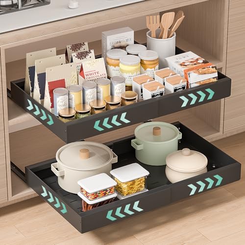 Paquete de 2 Cajones Extraibles para Cocina: Bandeja Armario Telescópico Adhesivos - Organizador Armario de Ancho Ajustable (32-53cm) Para Almacenaje y Organizador en Hogar - Sin Taladrar | Negro