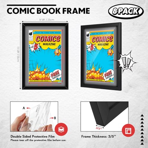 Image of Geetery 8 Pack Comic Book Frame UV Protection Magazine Picture Display Wall Mount Book Fit Current up to 6 3 /4 inch x 10 1 /4 inch Wall or Tabletop Display with Spring Clip Installed Hanger (Grey Mat)