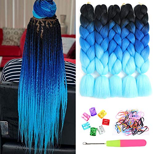 Ombre Blue Braiding Hair Kanekalon 3 Tone Jumbo Braids Hair Extensions Braids Jumbo Crochet Twist Hair Braiding 5Pcs/Lot(Black-Blue-Light Blue)