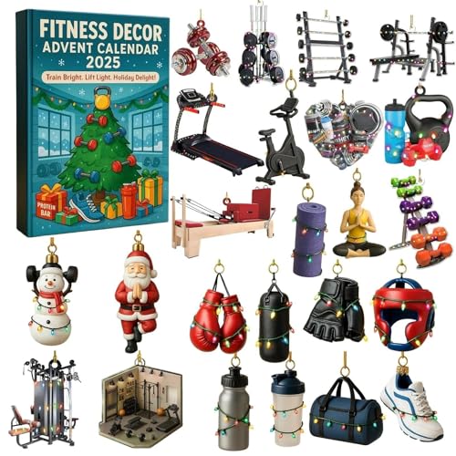 Advent Calendar for Fitness Decor 2025 Gym for Gift for Yogi Lovers, Runners, and Lifters: Advent Calendar with 24 Pieces of 2D Acrylic Fitness-Themed Hanging Ornaments Decorations for Chris