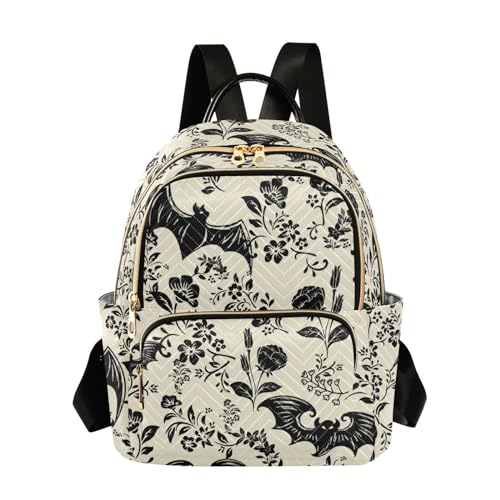 Image of Goth Bat Flowers Quilted Backpack Purse for Women Fashion Small Backpack M | Shoulder Bag Travel Casual Daypack