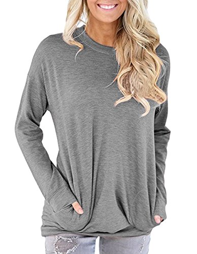 Miskely Women's Long Sleeve Round Neck Casual Blouse with Pocket Solid Color Sweatshirt Pullover Loose Tunic Tops T Shirt (S, Grey)
